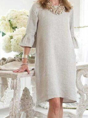 Crown Linen Desighns Natural Linen "Blakely" Bell Sleeve Shift Dress Sz M-L